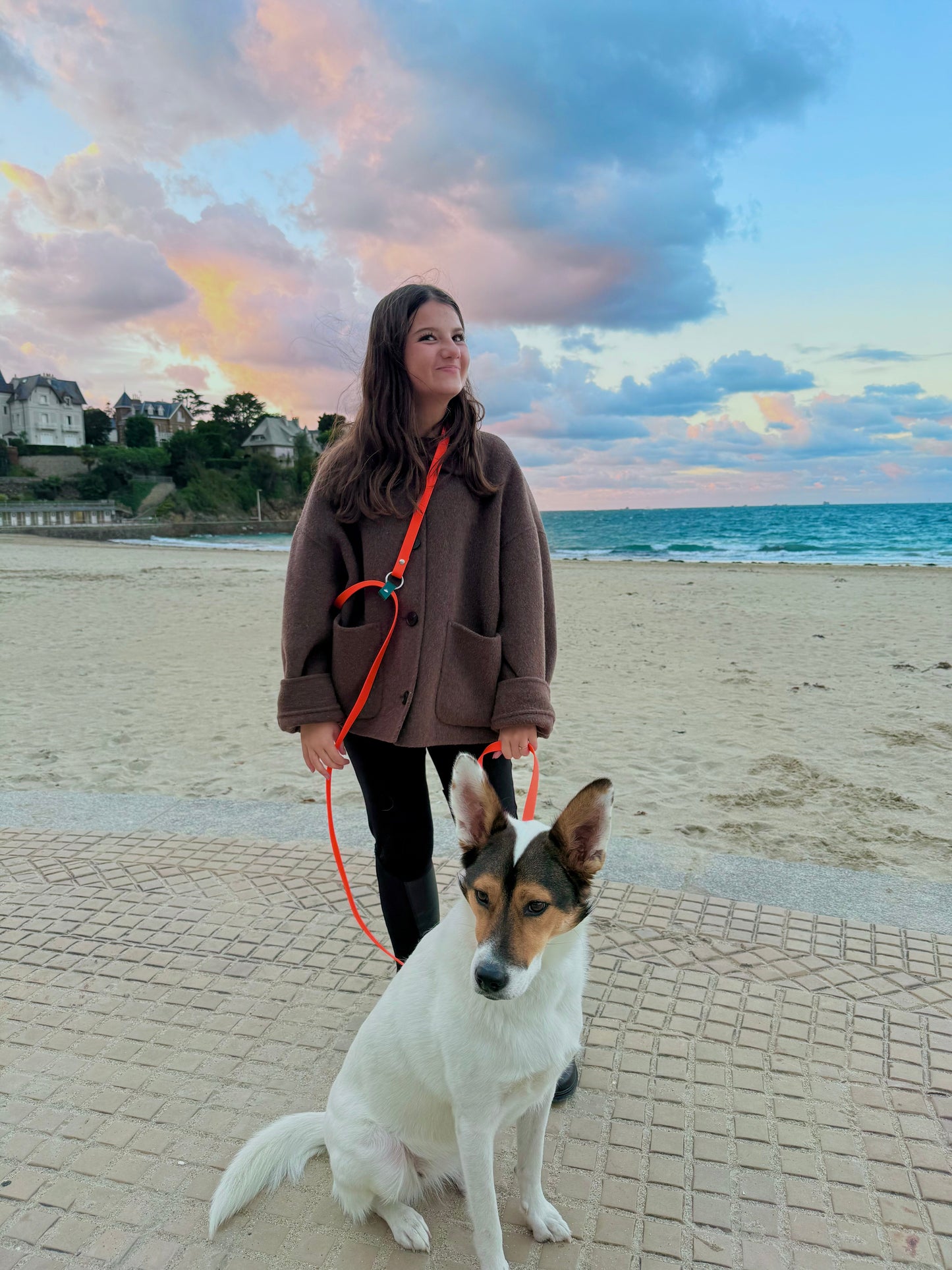 Laisse mains libres pour chien orange néon et vert sapin, Pattounes Palace