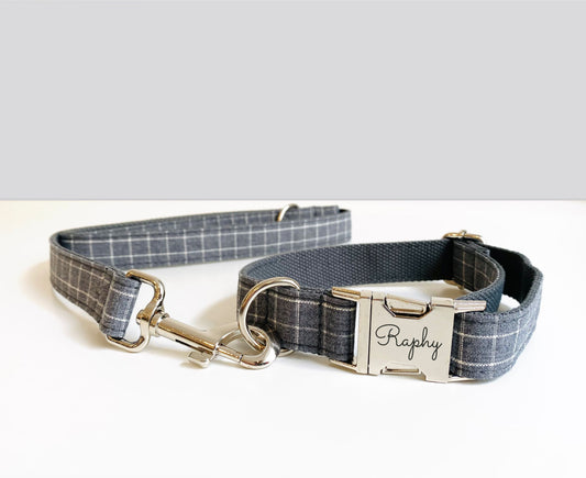 Laisse pour chien en coton à carreaux – Bande de Canailles – gris