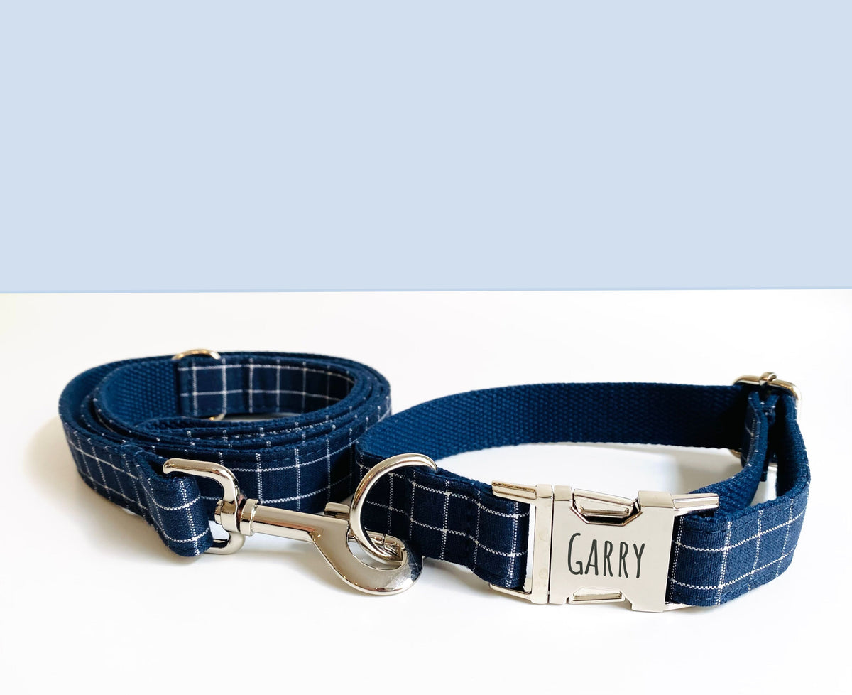 Laisse pour chien en coton à carreaux – Bande de Canailles – bleu marine