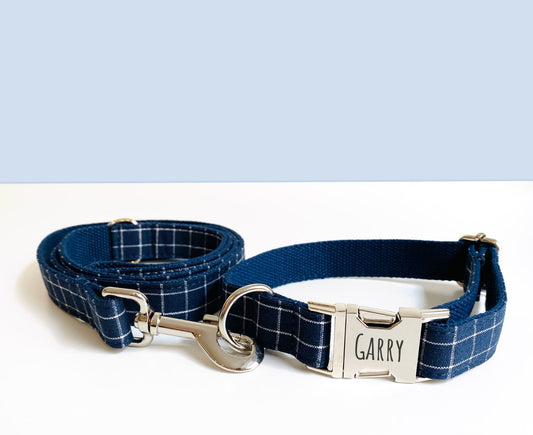 Laisse pour chien en coton à carreaux – Bande de Canailles – bleu marine