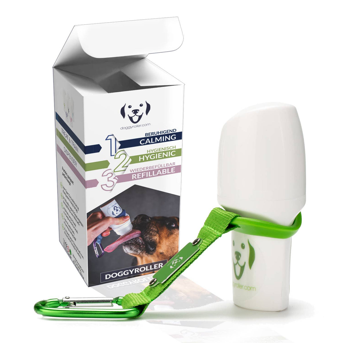 Rouleau à lécher pour chien Doggyroller – vert, avec sa boîte
