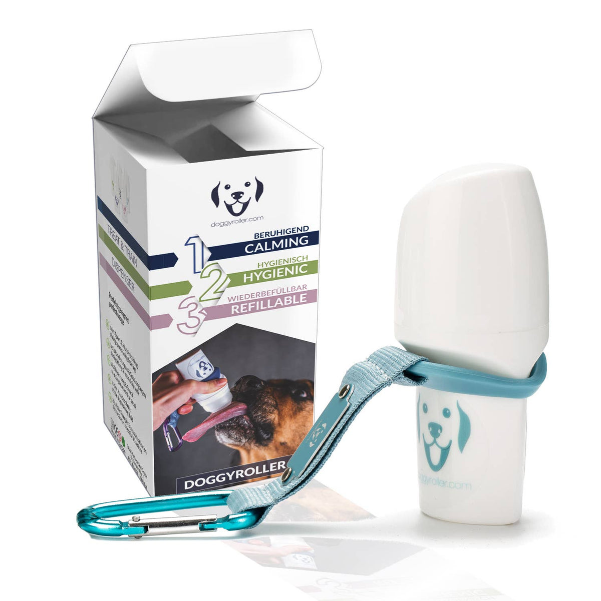 Rouleau à lécher pour chien Doggyroller – turquoise, avec sa boîte
