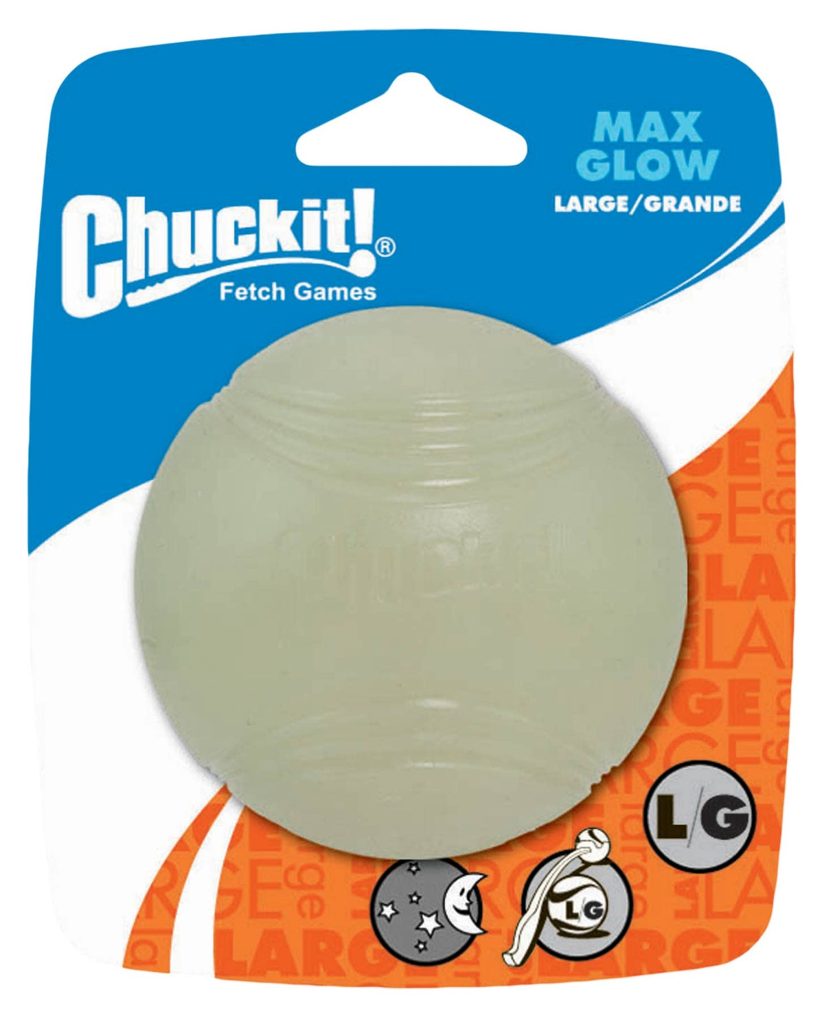 Balle phosphorescente pour chien Max Glow 7,5 cm – Chuckit! – emballage