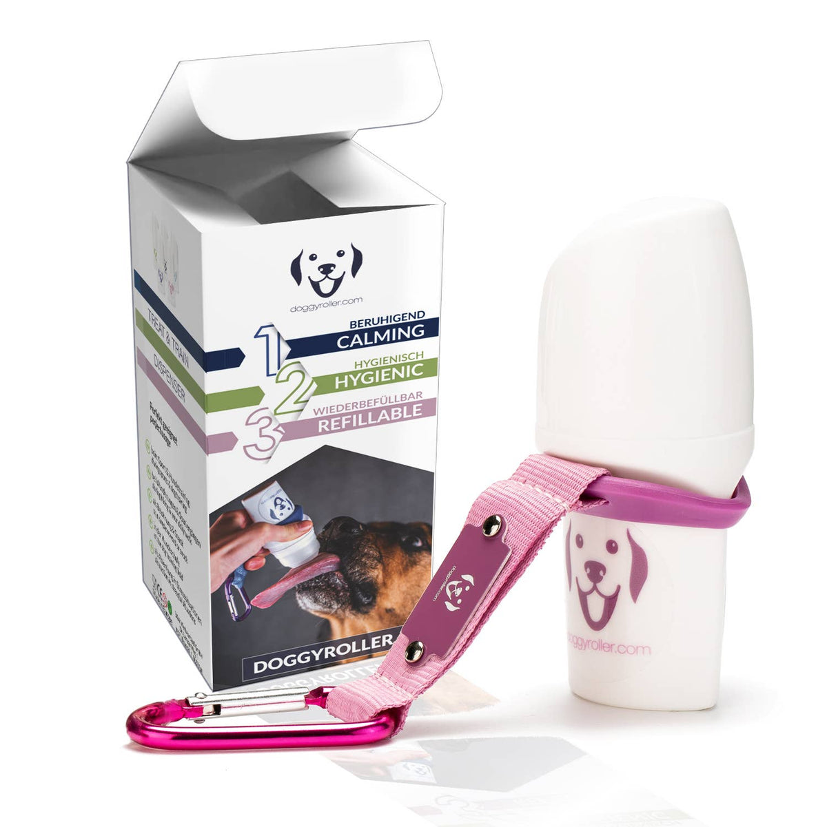 Rouleau à lécher pour chien Doggyroller – rose, avec sa boîte